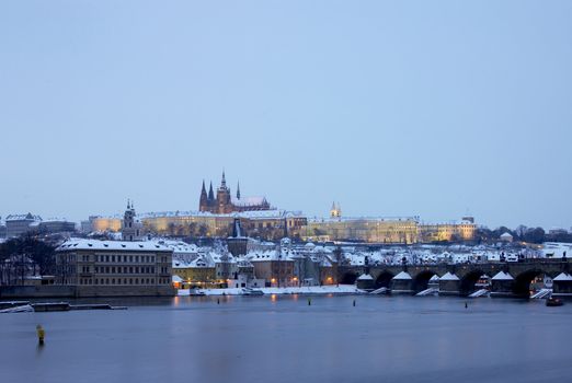 Prague Castle with Charles bridge in winter, Prague, Czech Republic