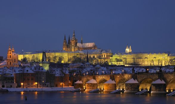 Prague Castle with Charles bridge in winter, Prague, Czech Republic