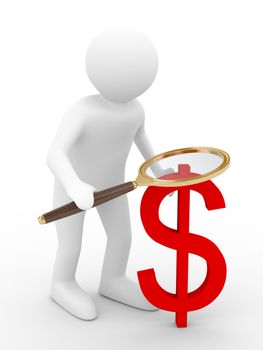 Man with magnifier on white background. Isolated 3D image