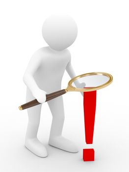 Man with magnifier on white background. Isolated 3D image
