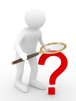 Man with magnifier on white background. Isolated 3D image