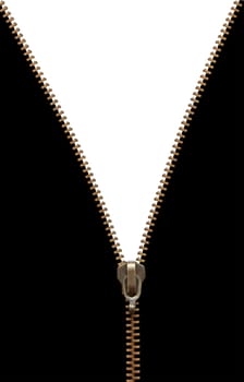Brass zipper on black and white background. Isolated with clipping