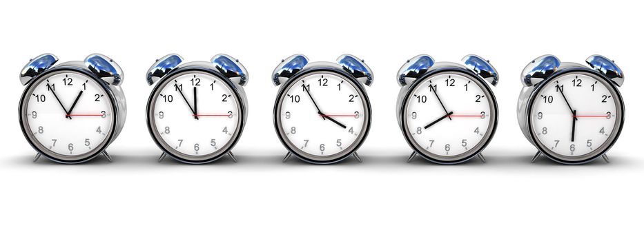 Five retro alarm clocks isolated over white, each with different time