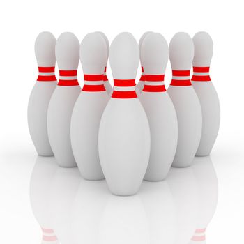 a set of bowling skittles on reflecting white background