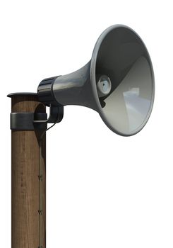 Loudspeaker on wooden pole isolated over white