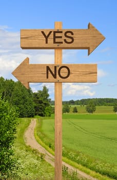 old wood direction sign with text yes and no with countryside background