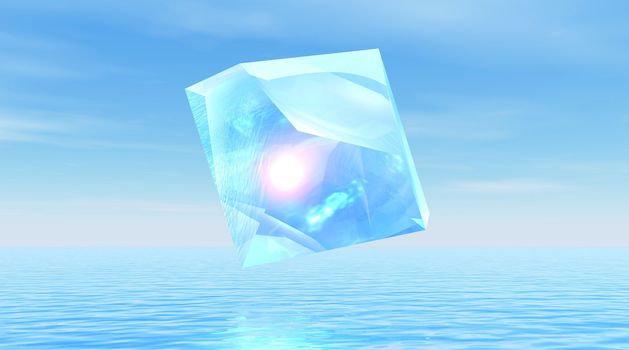 Transparent diamond with yellow light insiade over quiet blue ocean and sky