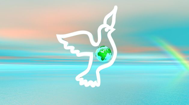 White symbolic dove flying over the sea with an earth inside and colorful pink and green sky with little rainbow