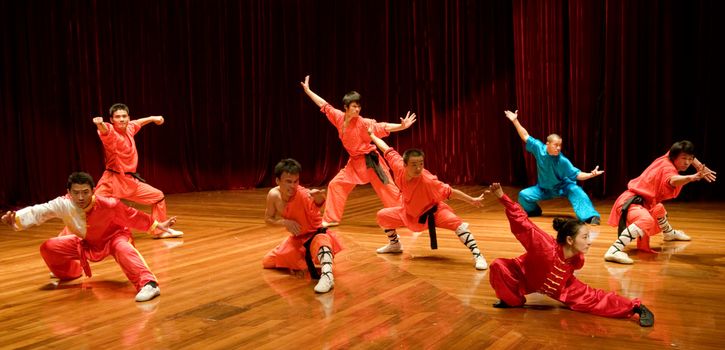 MACAU - APRIL 25: Performing Chinese kung fu (wu shu) with pose of fight, April 25, 2009, Macau