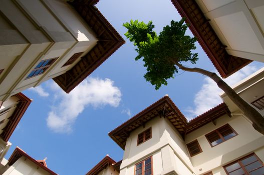 Underside view to the residential constructions with sky background