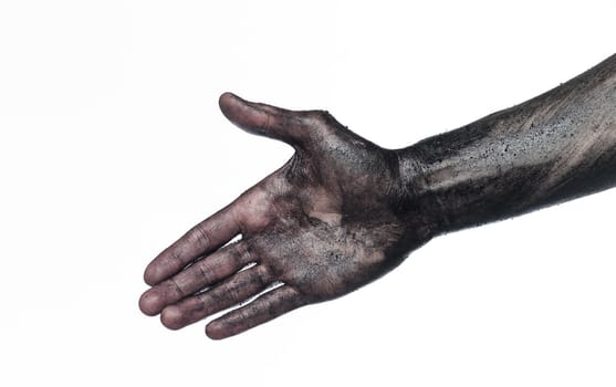 Very dirty hand towards white background