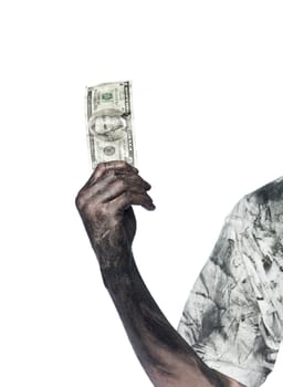 Very dirty hand holding a five dollar bank-note