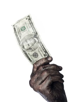 Dirty hand holding a five dollar bank-note