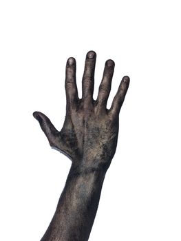 Very dirty hand towards white background