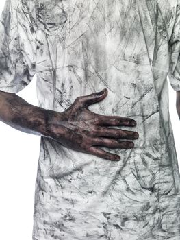 Dirty hand towards a dirty t-shirt