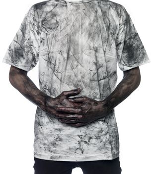 Very dirty man towards white background