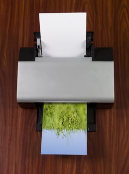 Printer prints an image with green grass towards blue sky