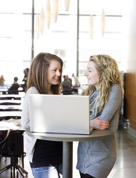 two girls using a laptop