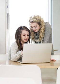 two girls using a laptop