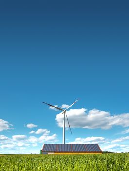 A photography of a wind mill and solar panels