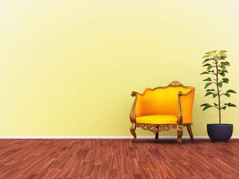 An illustration of a yellow room with a yellow sofa