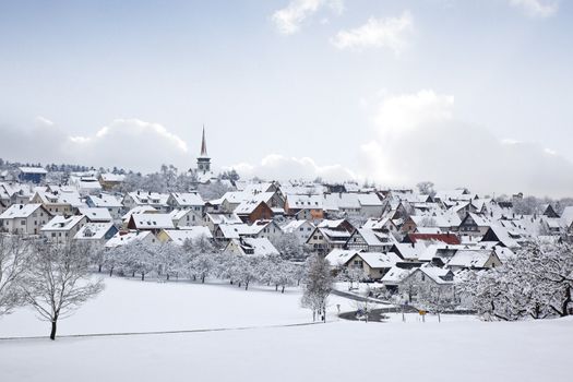 A photography of a winter village snow land
