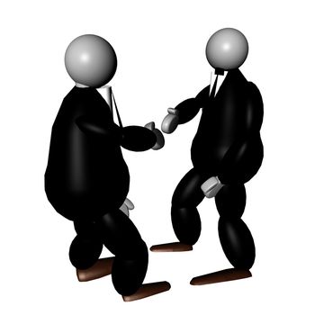 3D puppets in elegant suite and black tie shaking hands