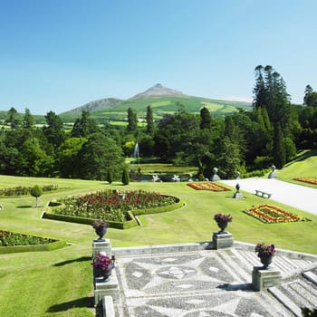 Powerscourt Gardens, Sugar Loaf Mountain at the background, County Wicklow, Ireland