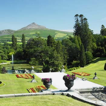 Powerscourt Gardens, Sugar Loaf Mountain at the background, County Wicklow, Ireland