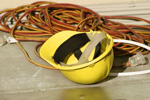 Hard hat and electrical wires.
