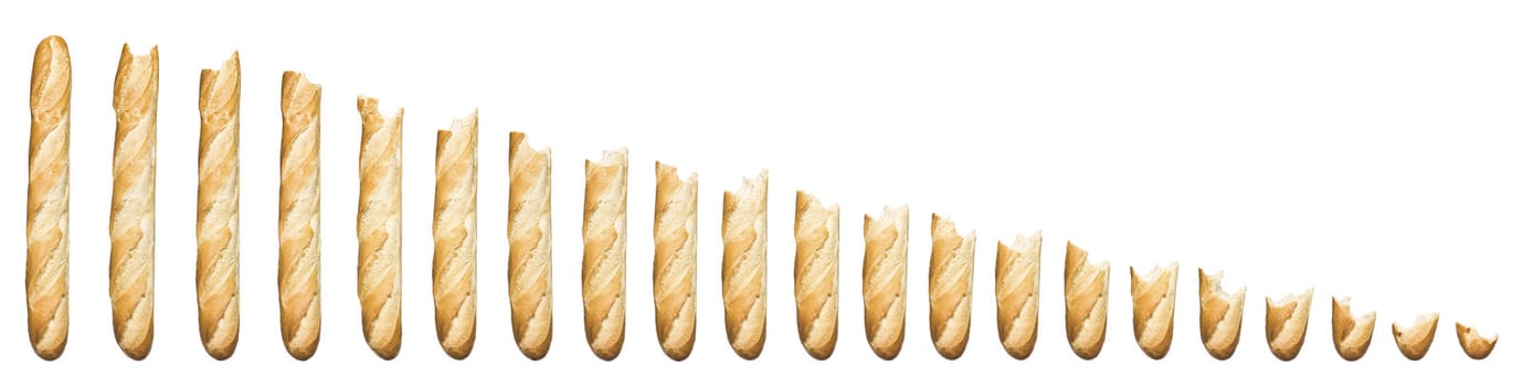 Time lapse - Baguette being eaten isolated on a white background