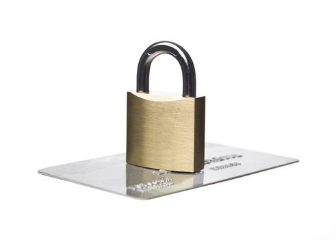 Credit card and a padlock isolated on a white background