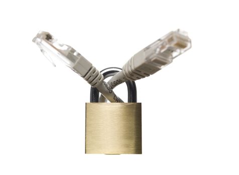 Network cable and a padlock isolated on a white background
