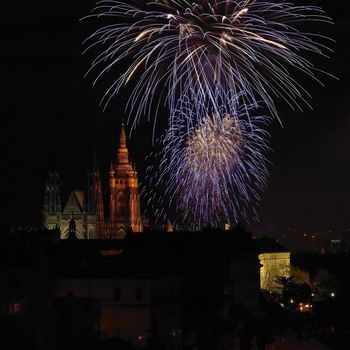 New Year''s fireworks, Hradcany, Prague, Czech Republic