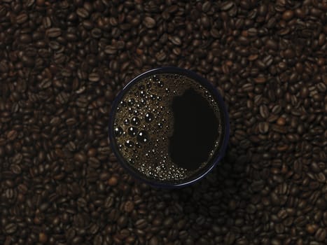 Glass of coffee among coffee-beans