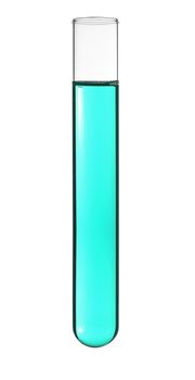 Isolated test tube with a cyan liquid.