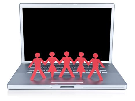 Red paper men and women holding hands over a laptop computer.