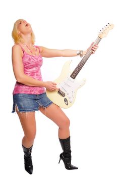 woman with an electric guitar on a white background