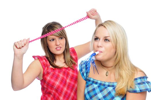 woman with a party blower about to be attacked by her friend