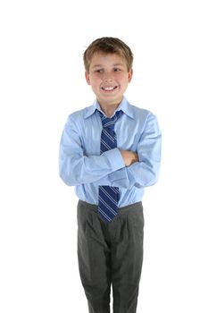 A student with crossed arms looks sideways, --  white background.