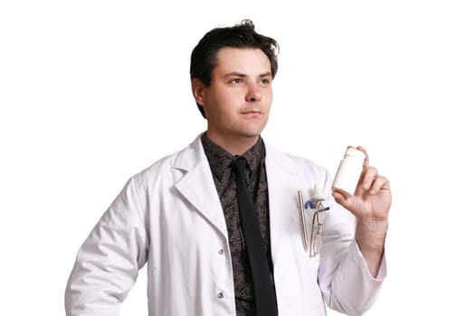 A doctor or pharmacist holding or recommending a medicine or supplement.