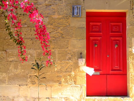 Typical limestone Mediterranean house facade with bouganvilla