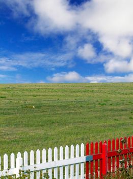 Clear blue sky over green pasture, with red and white fence in foreground