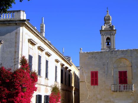 Typical limestone Mediterranean house facade with bouganvilla in village square or piazza