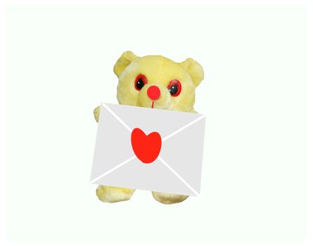 the teddy bear with love letter on white background