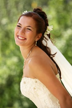 The beautiful bride on a green background