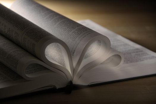 opened pages of a book on wooden table