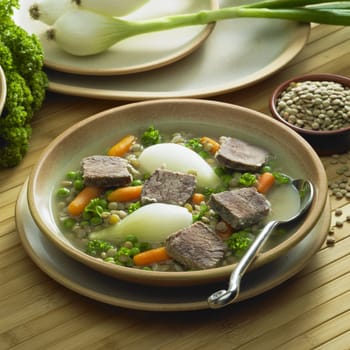 beef soup with vegetables and lentils
