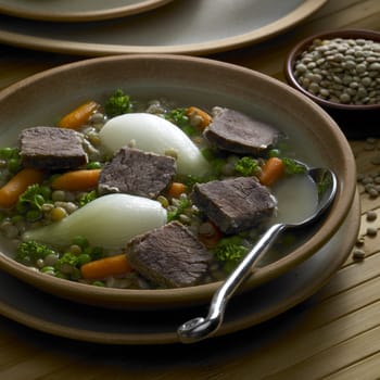 beef soup with vegetables and lentils