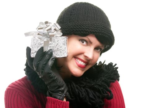 Happy, Attractive Woman Holds Holiday Gift Isolated on a White Background.